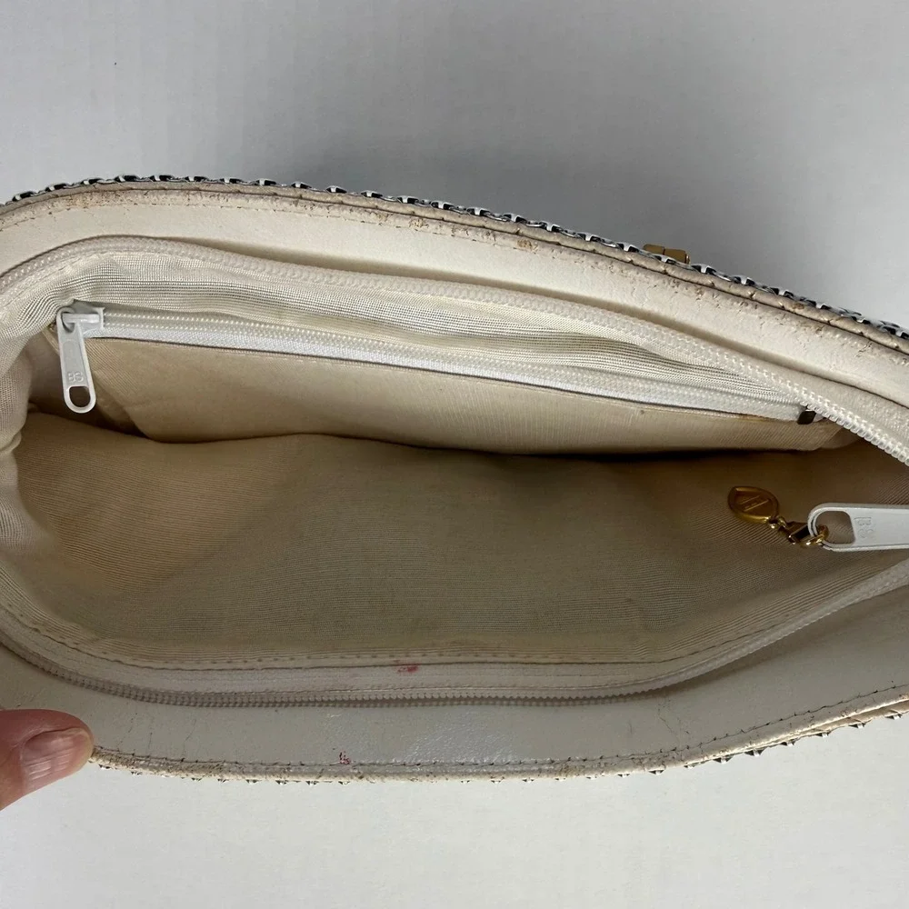 Vintage White Enameled Metal Mesh Evening Bag Gold Ring Handle Clutch Formal